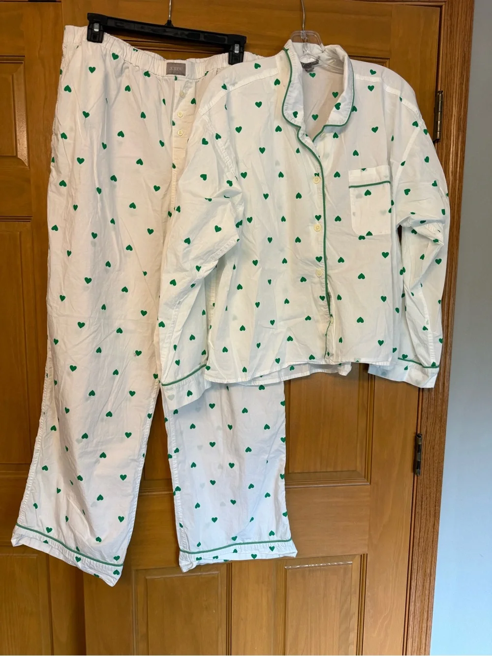 J. Crew White Pajama Set with Green Heart Print
